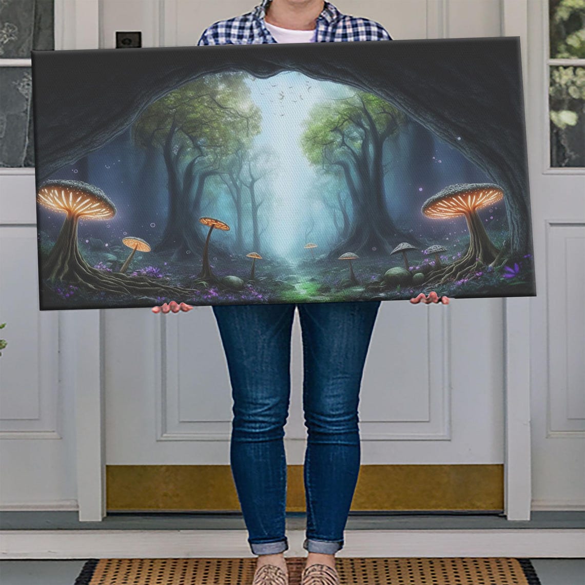 Glowing Mushroom Forest Hollow Tree Magical Butterflies Misty Poster - Image 4