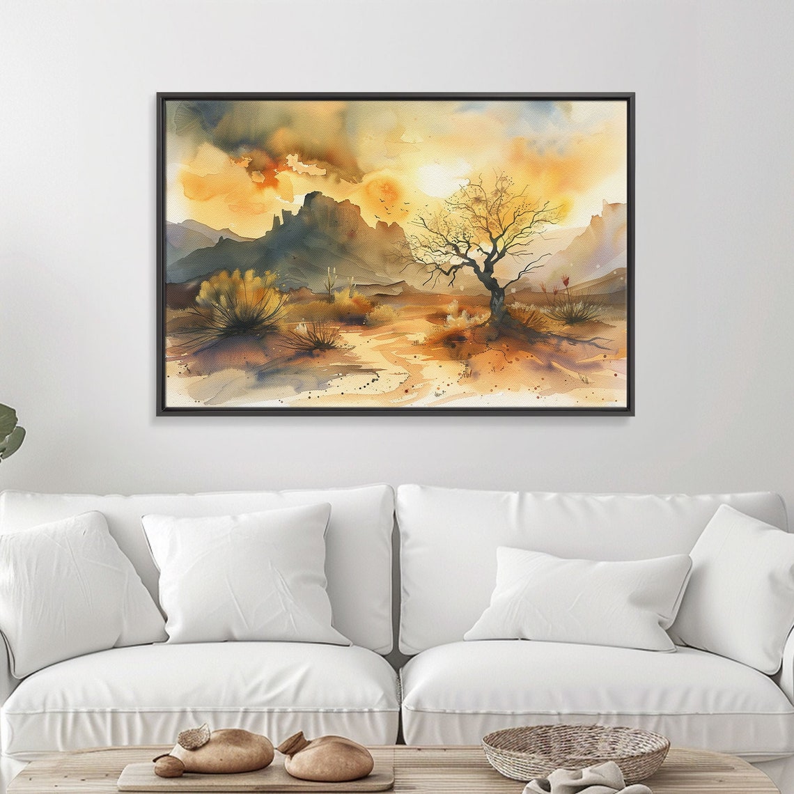 Desert Watercolor Lone Bare Tree Rocky Butte Golden Sunset Sky Poster - Image 5