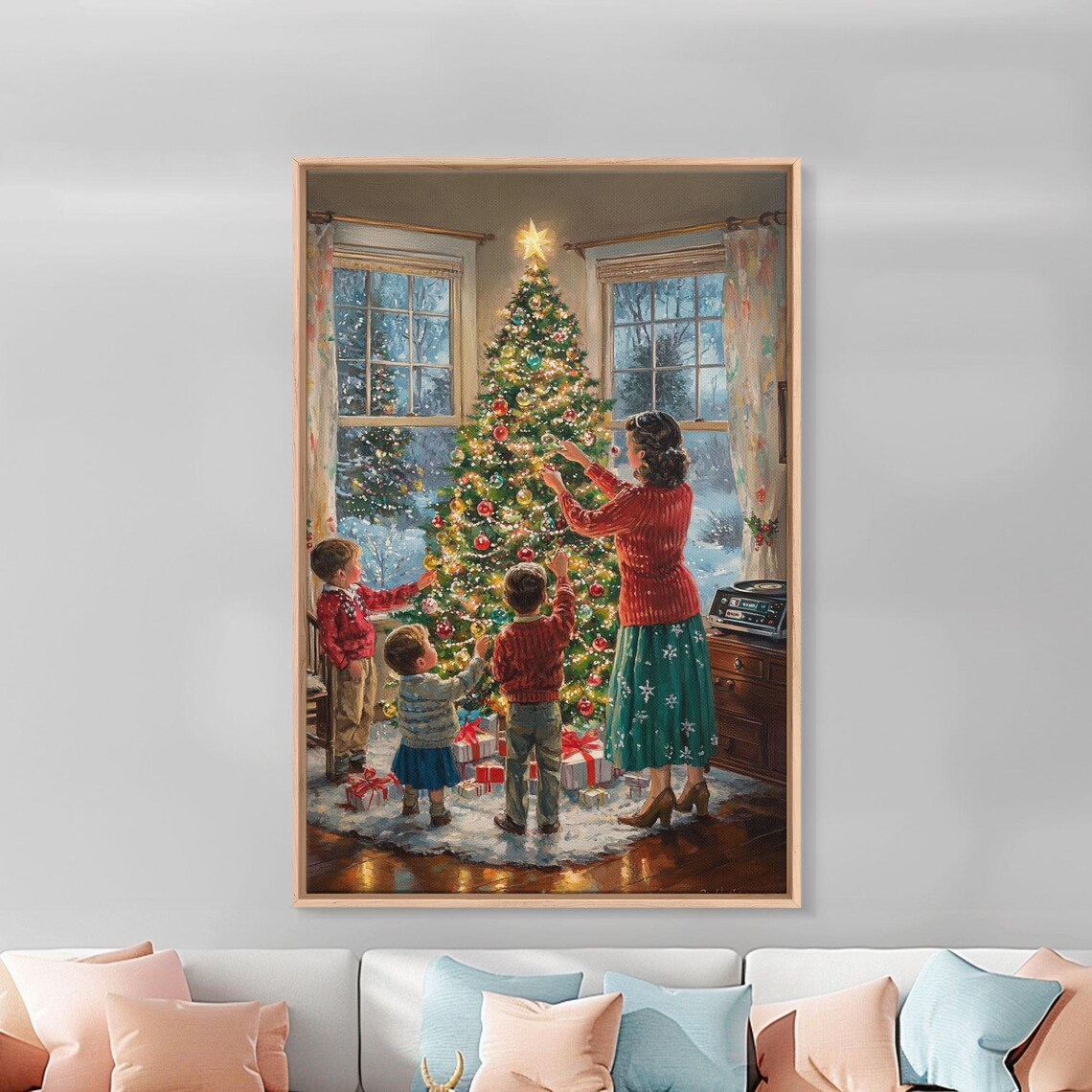 Retro Family Decorating Christmas Tree In Living Room Poster - Image 5