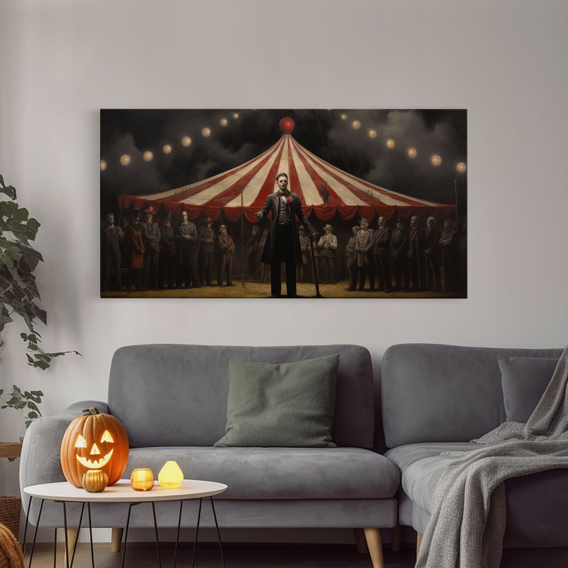 Creepy Ringmaster Before Red Striped Circus Tent At Night Print - Image 4
