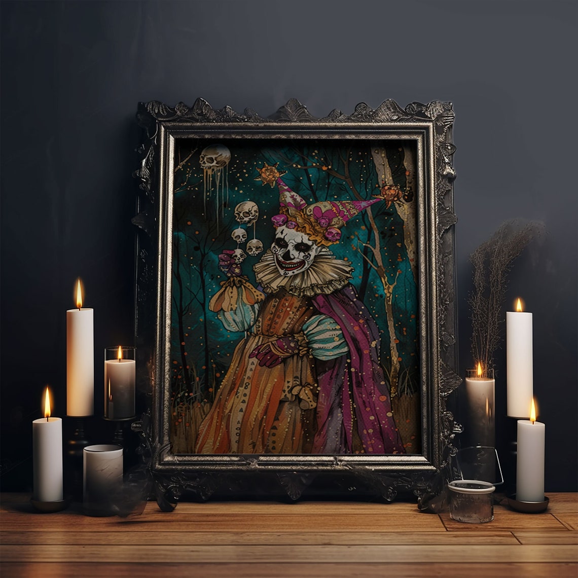 Sinister Jester Skull Face Dark Forest Vintage Horror Art Poster - Image 5