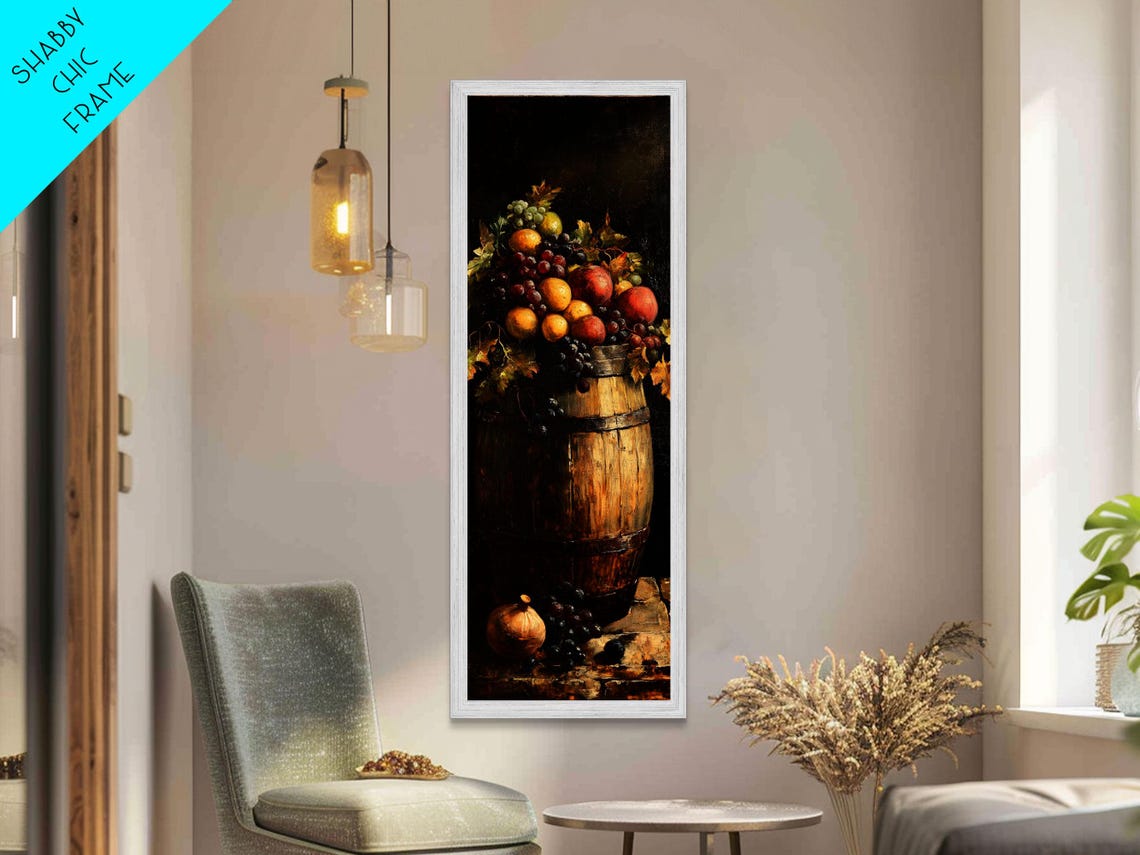 Still Life Oil Painting Print Of Fruit And A Wine Barrel Wine Room Art Wine Cellar Art Bar Decor Tall Skinny Art Skinny Vertical Art - Image 2
