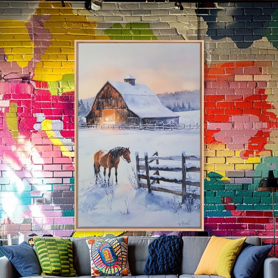 Horse In Snowy Pasture Before Barn At Dusk Winter Farm Poster - Image 2