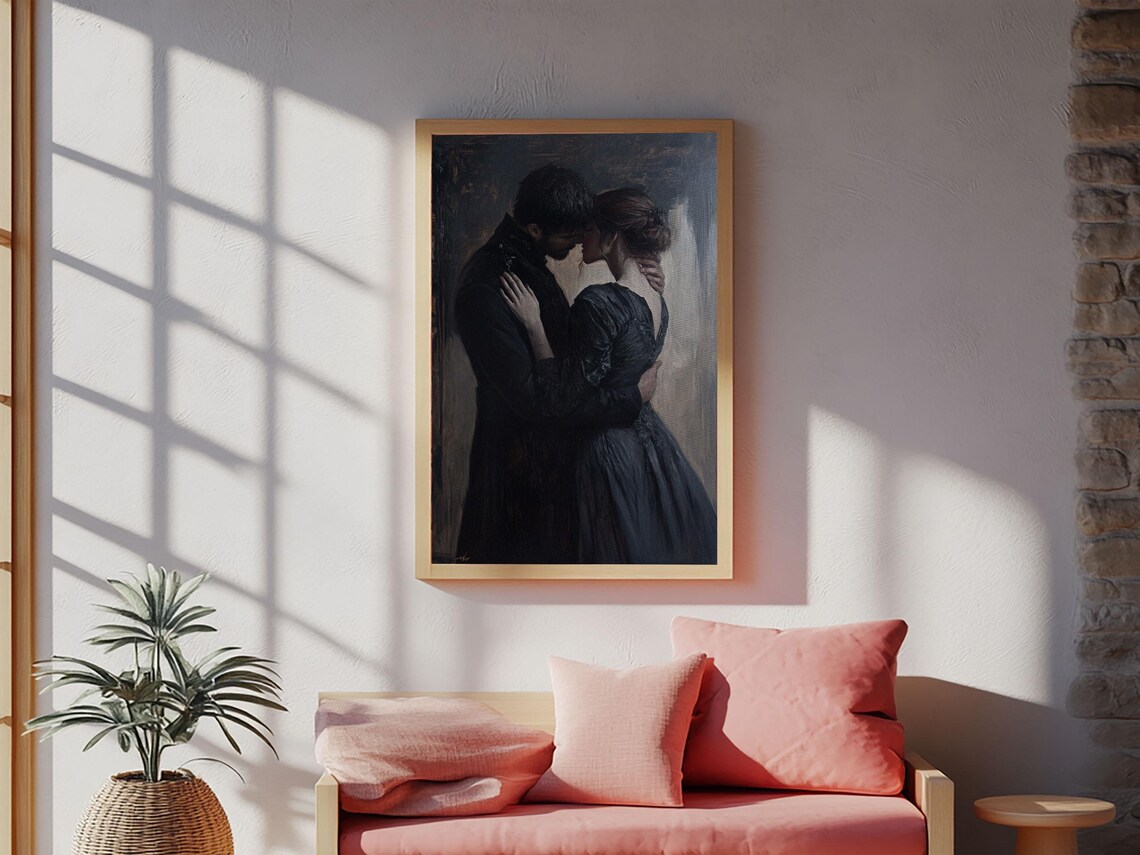 Dark Romance Couple Embrace Oil Painting Moody Victorian Wall Art Print - Image 2