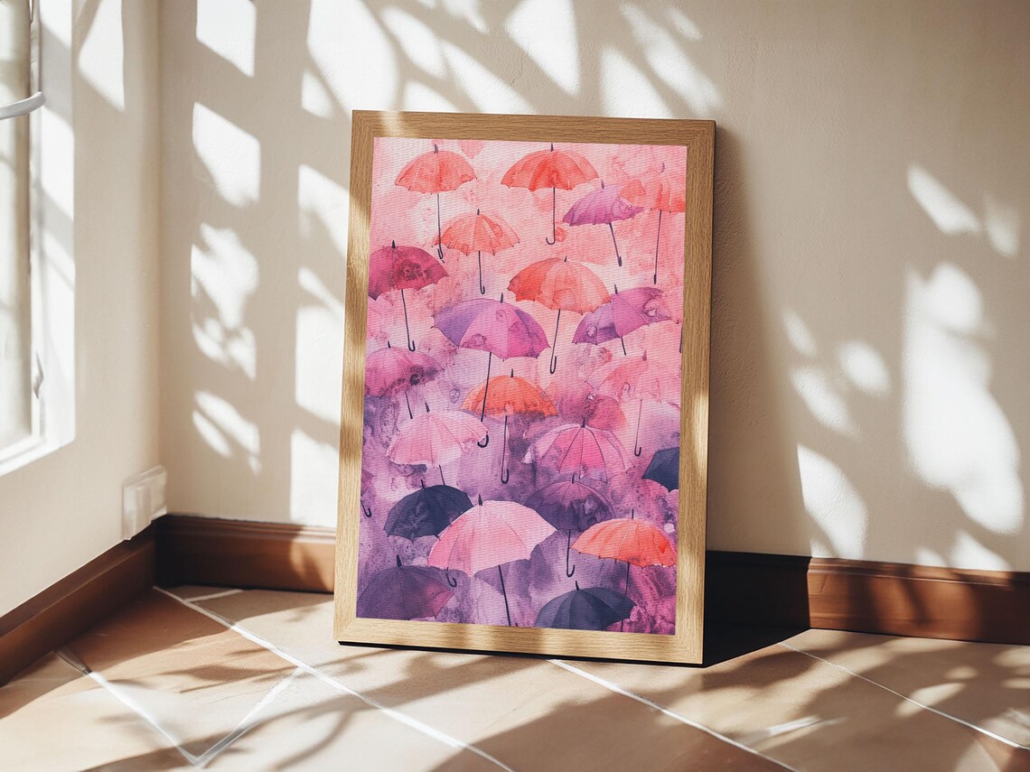 Floating Pink Purple Umbrellas Watercolor Art Print Whimsical Poster - Image 5