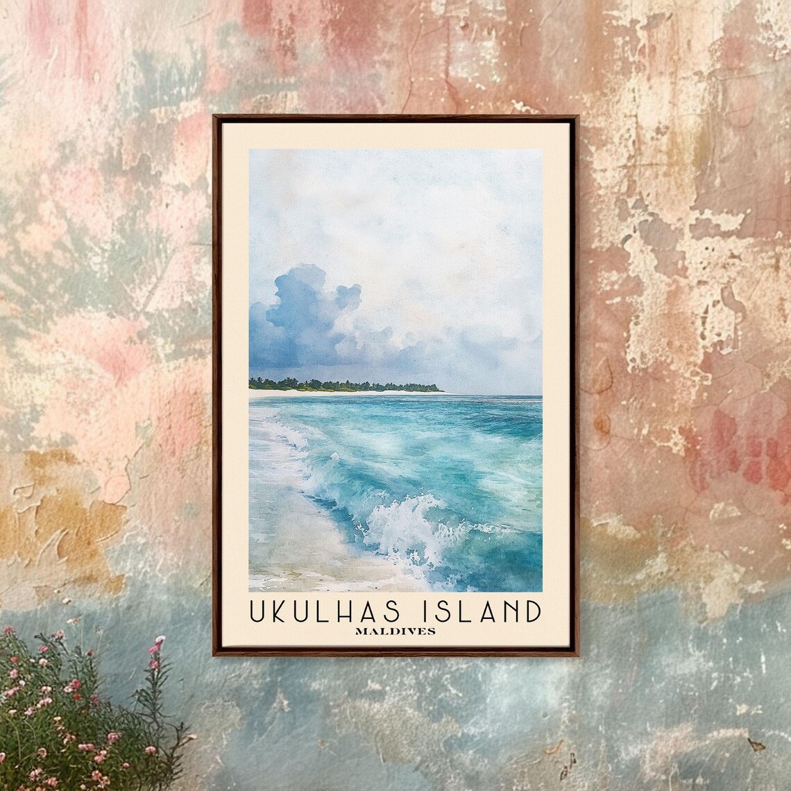 Ukulhas Island Maldives Turquoise Waves White Sand Watercolor Poster - Image 4