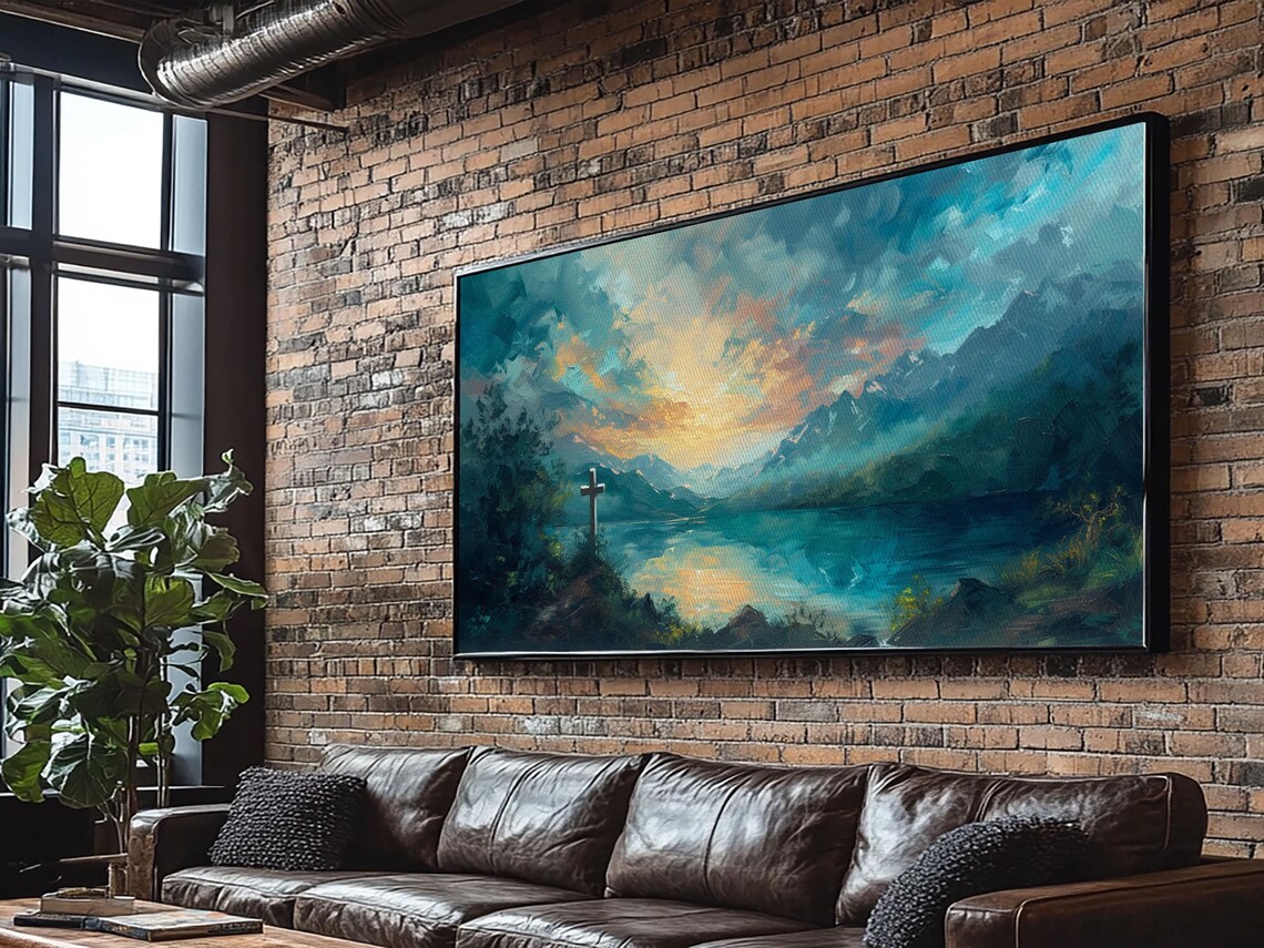 Cross By Mountain Lake Sunrise Oil Painting Peaceful Christian Wall Art Poster - Image 2