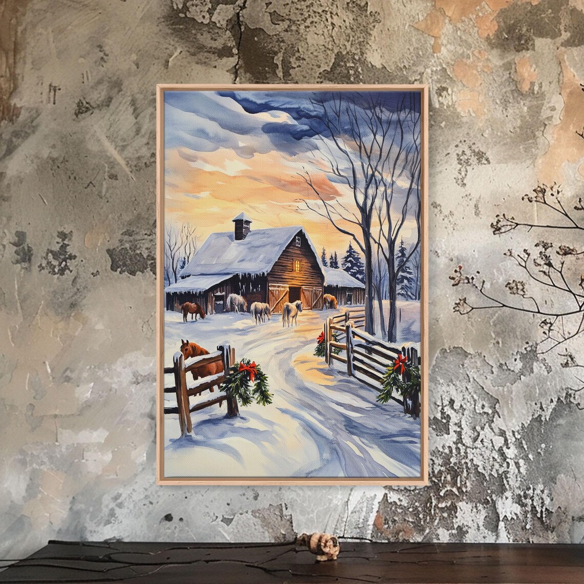 Christmas Farm Snow Barn Horses Wreath Sunset Watercolor Wall Art - Image 4