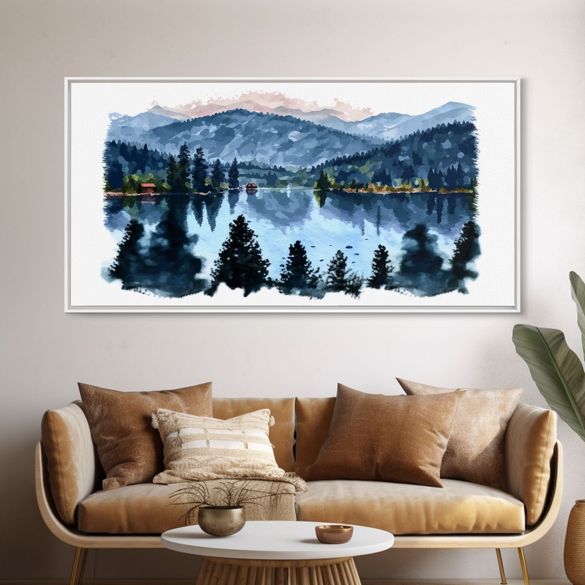 Mountain Lake Cabins Pine Reflections Watercolor Alpine Scenery Poster - Image 5