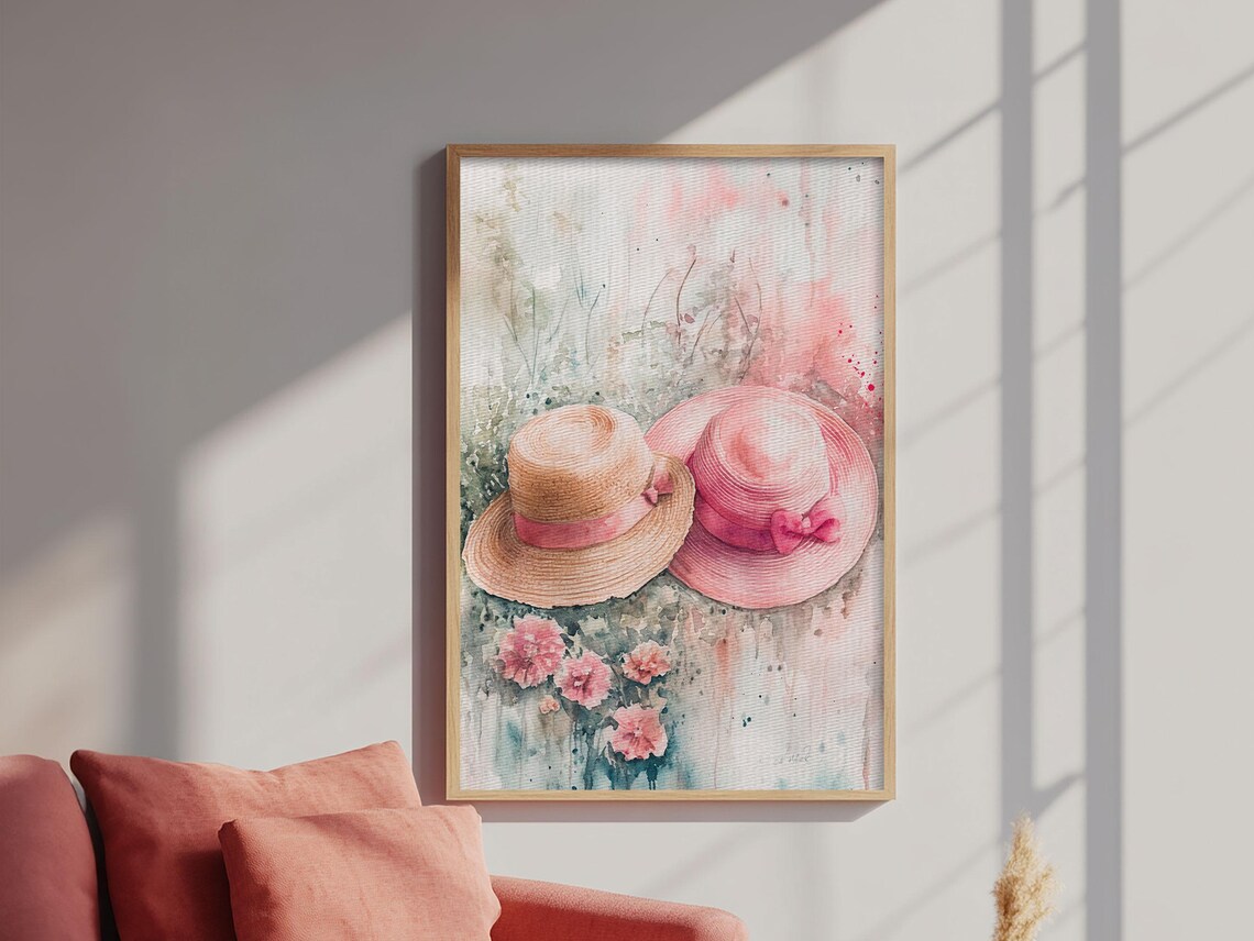 Straw Sun Hats Floral Watercolor Summer Garden Escape Art Print - Image 4