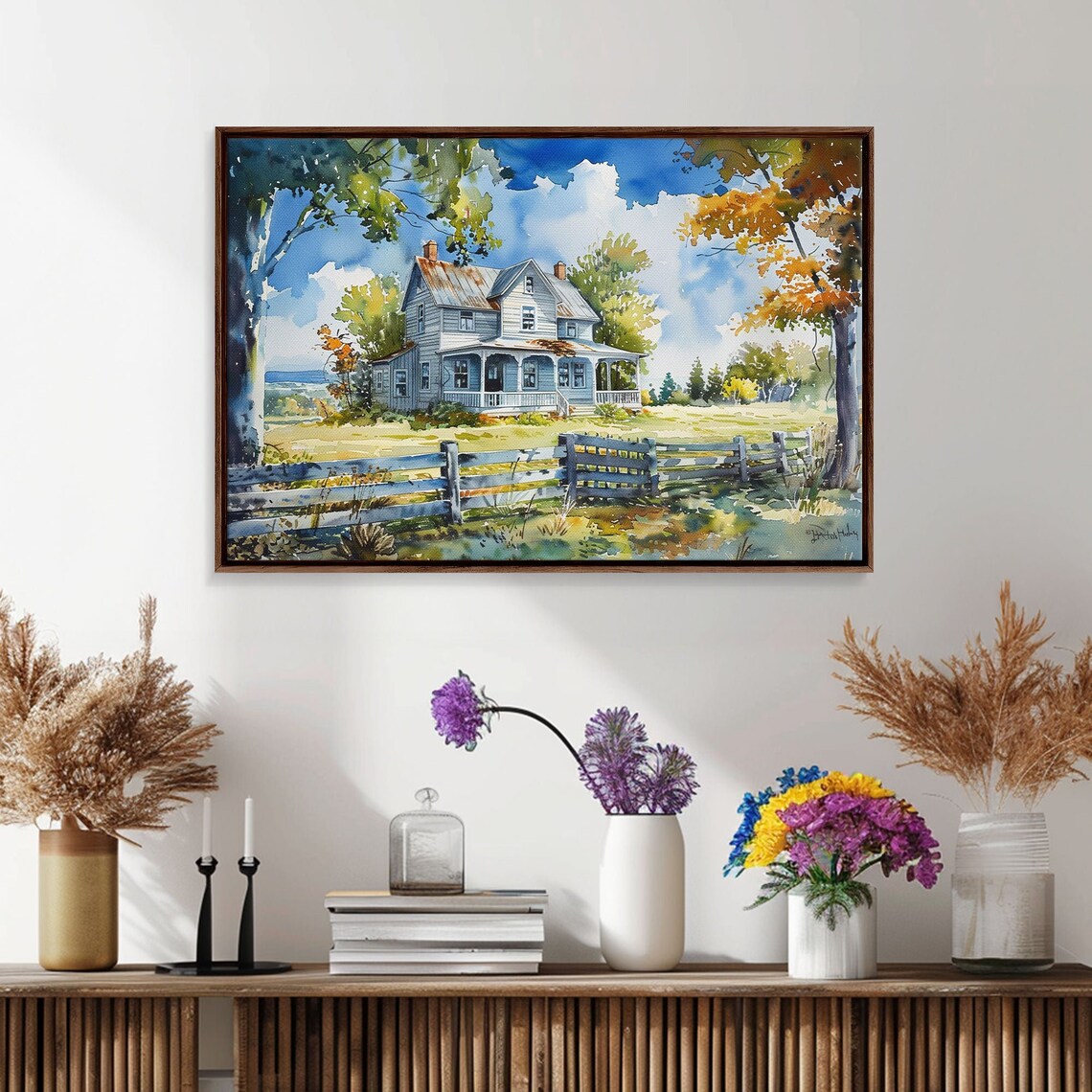 White Farmhouse Porch Watercolor Autumn Trees Wooden Fence Retro Print - Image 2
