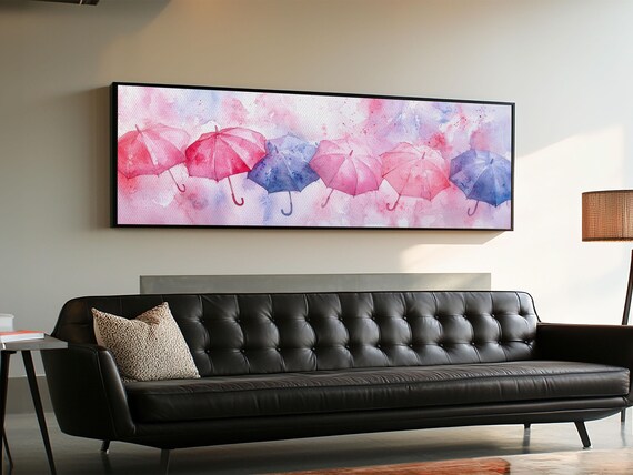 Pink Blue Watercolor Umbrellas Row Panoramic Canvas Art Poster