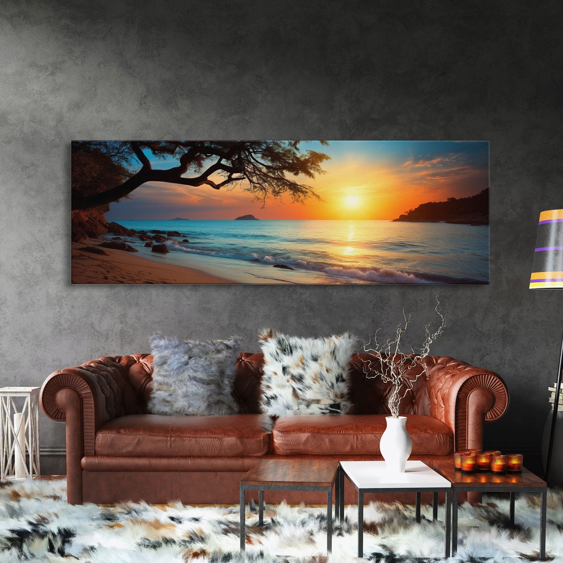 Ocean Beach Sunset Golden Waves Overhanging Tree Branch Poster - Image 3