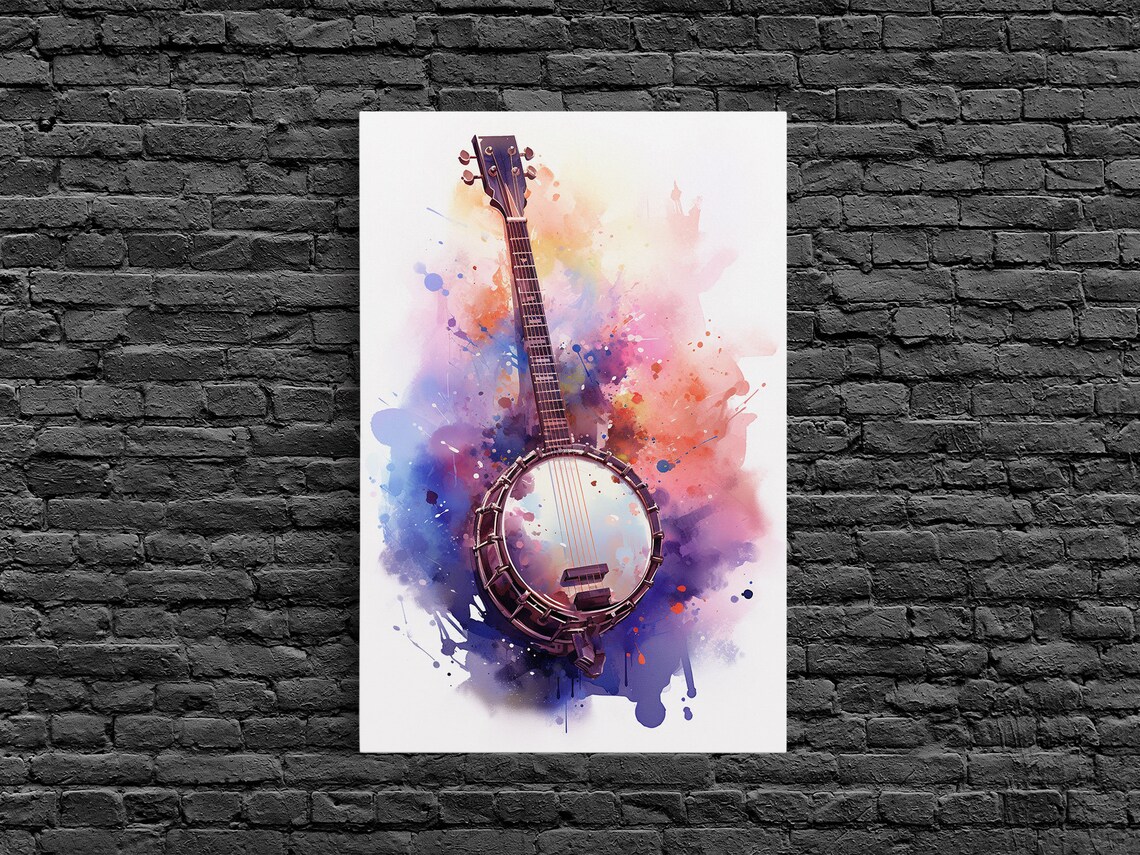 Banjo In Pink Purple Watercolor Splash Country Music Art Wall Poster - Image 3