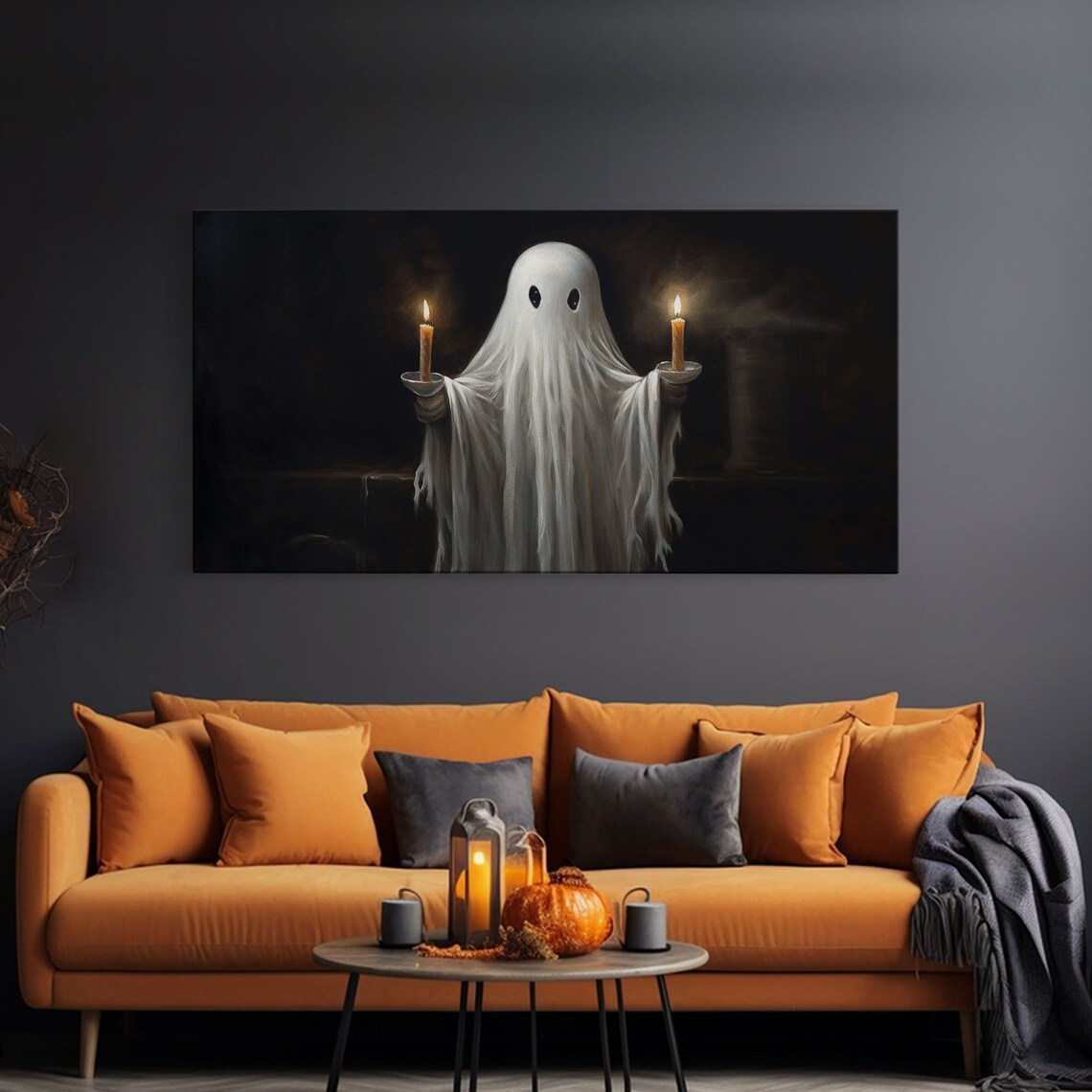 Cute Ghost Holding Two Lit Candles Against Black Background Poster - Image 2