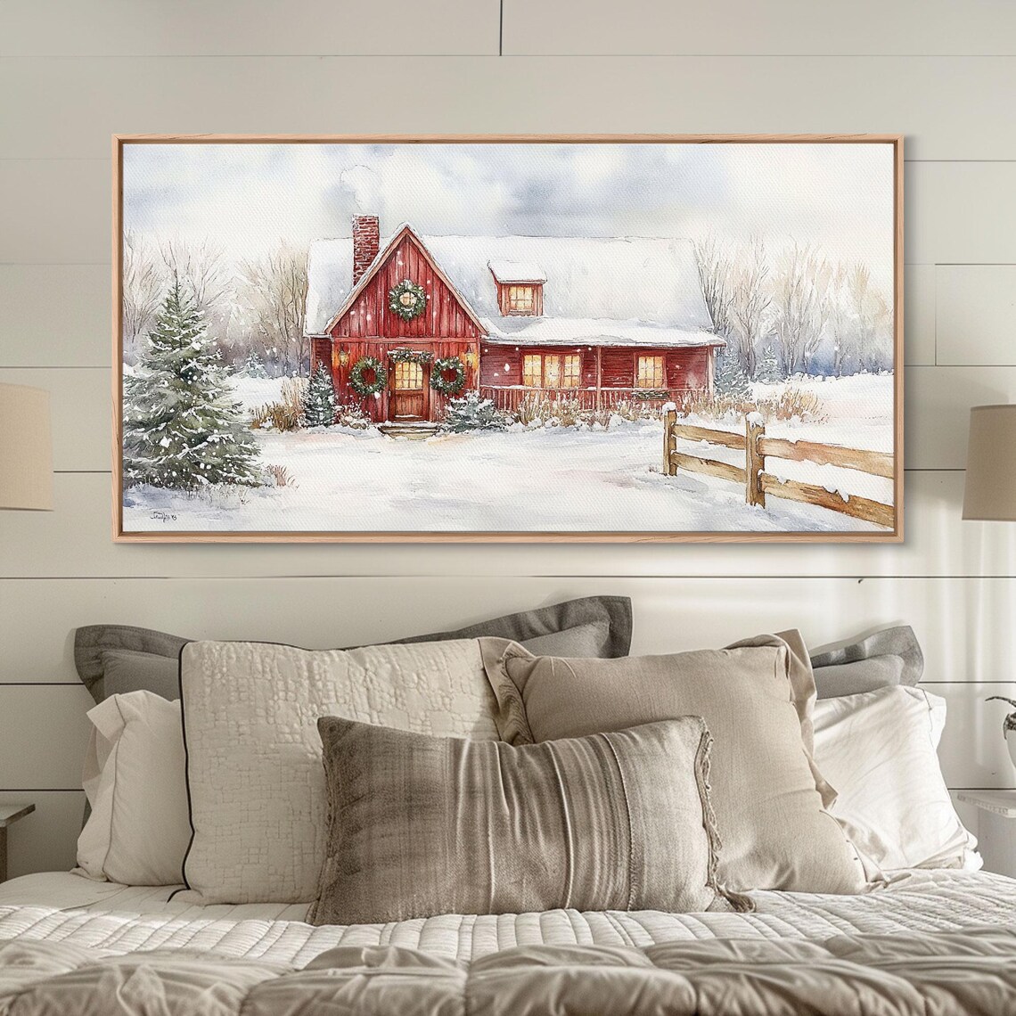 Snowy Red Farmhouse With Wreaths, Holiday Lights Art Print