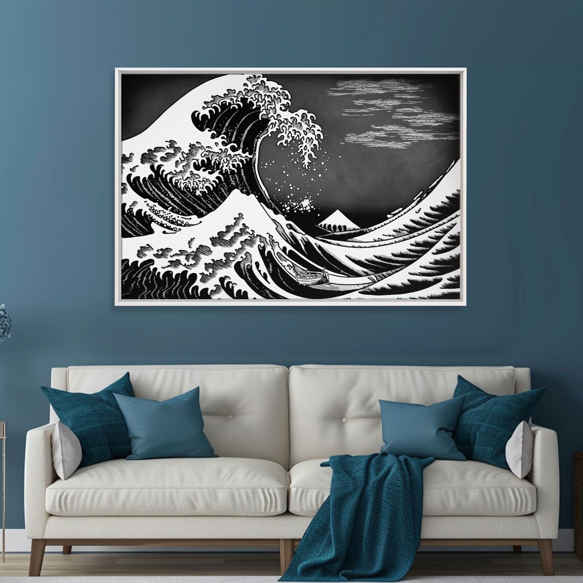 Great Wave Off Kanagawa Mount Fuji Black White Woodblock Style Poster - Image 3