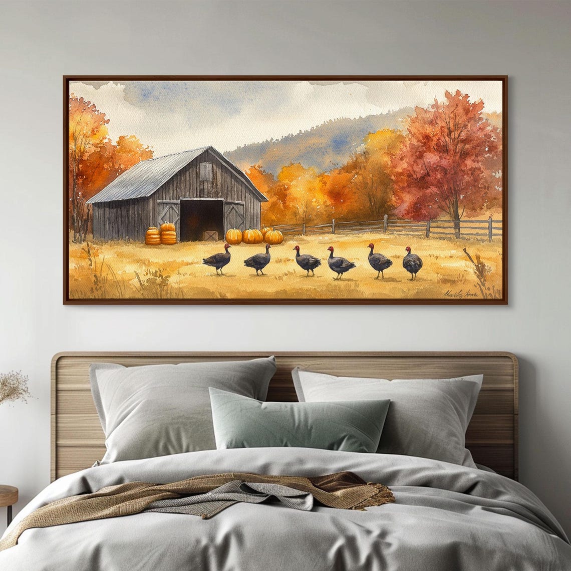 Turkeys Marching Past Rustic Barn With Pumpkins Autumn Art Print - Image 6