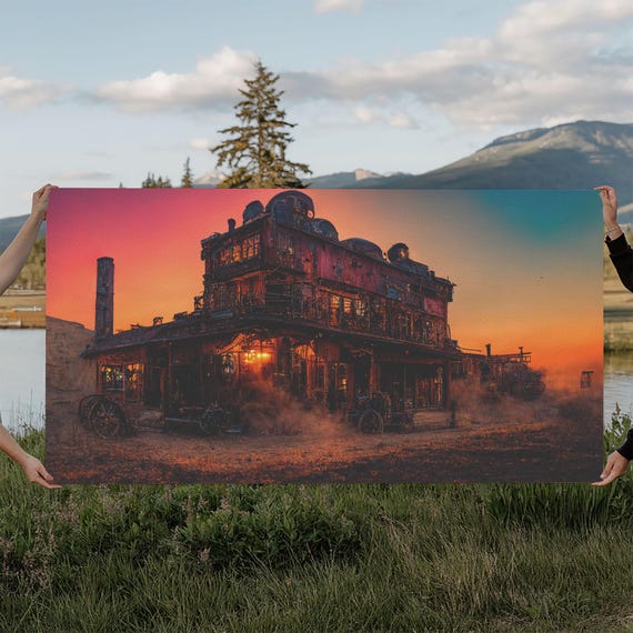Synthwave Retro Wll Art Dystopian Steampunk Wild West Mashup Abandoned Wild West Saloon Art Print Ready To Hang Wall Art