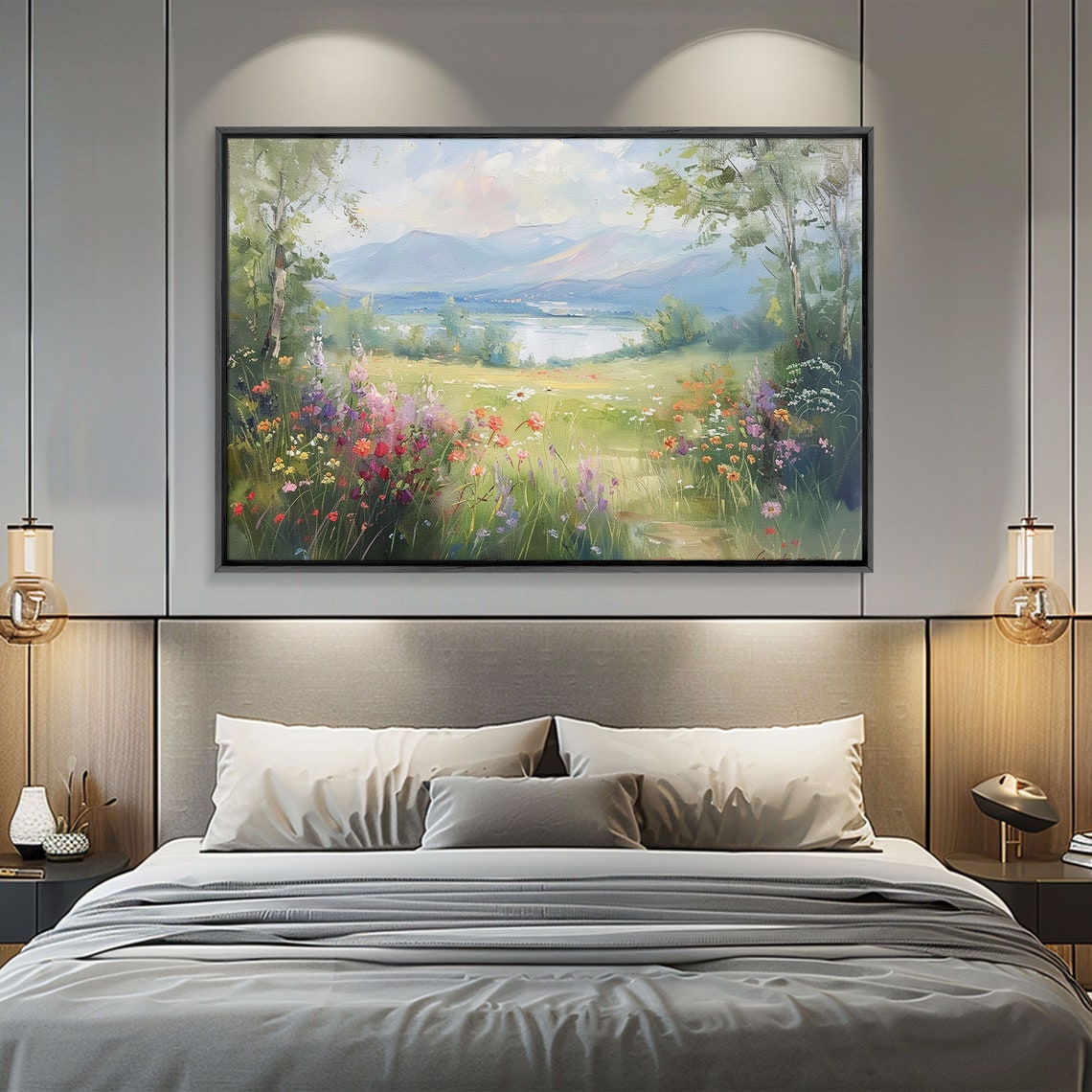 Spring Wildflower Meadow Mountain Lake Pastel Landscape Poster - Image 4