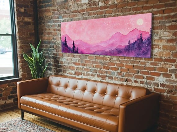 Mountain Landscape Art Framed Print In Light Pink Hues With Starry Sky Bedroom Or Living Room Artwork Rustic Decor Painting