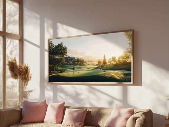 Golf Course Sunset Print Panoramic Landscape Art Rustic Decor Above Bed Artwork Gift Idea Extra Wide Horizontal Wall Art