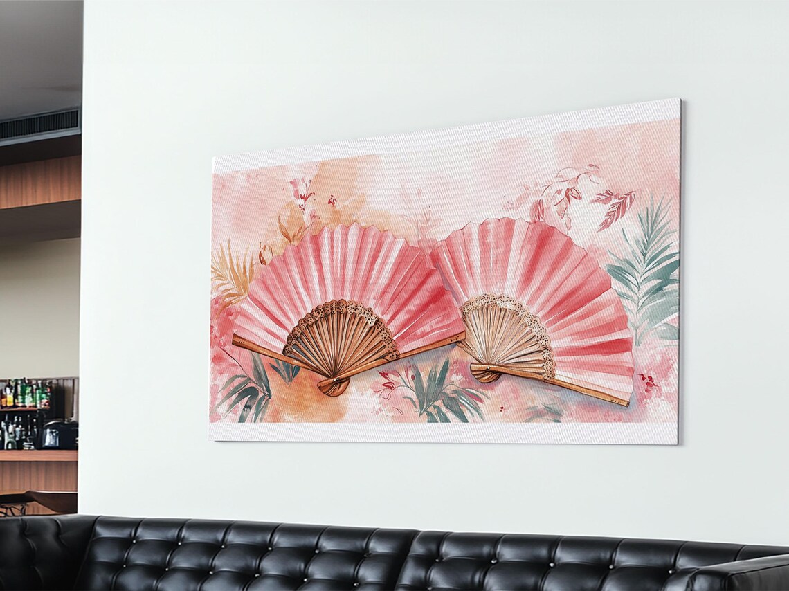 Coral Pink Hand Fans Wide Horizontal Watercolor Botanical Poster - Image 5