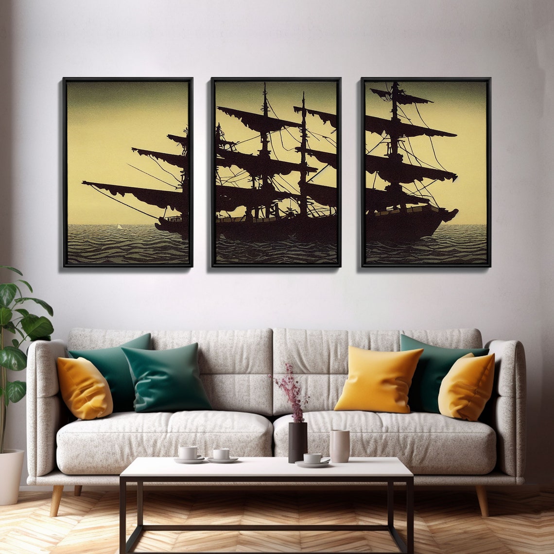 Ghost Pirate Ship Silhouette At Sea Vintage Three Piece Sailing Print - Image 3