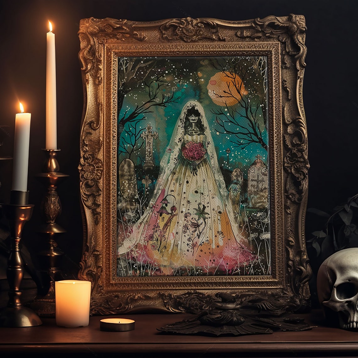 Skeleton Bride Graveyard Moonlit Cemetery Roses Watercolor Art Poster - Image 6