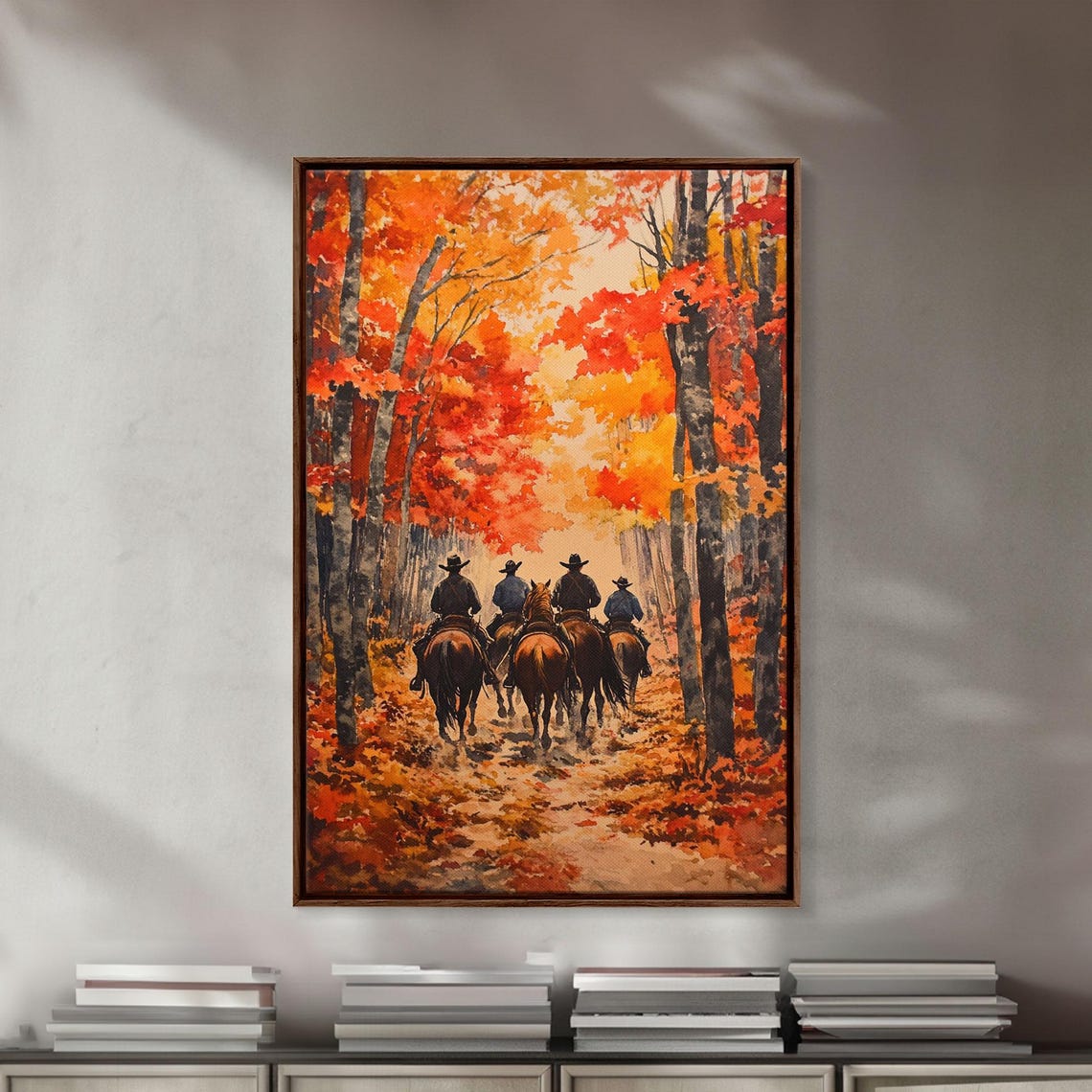Cowboys Riding Through Fiery Autumn Forest Trail Scene Poster - Image 5