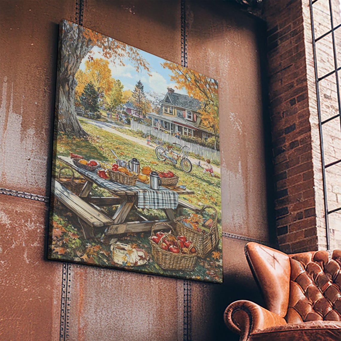 Autumn Picnic Table With Apple Baskets In Fall Yard Scene Poster - Image 5