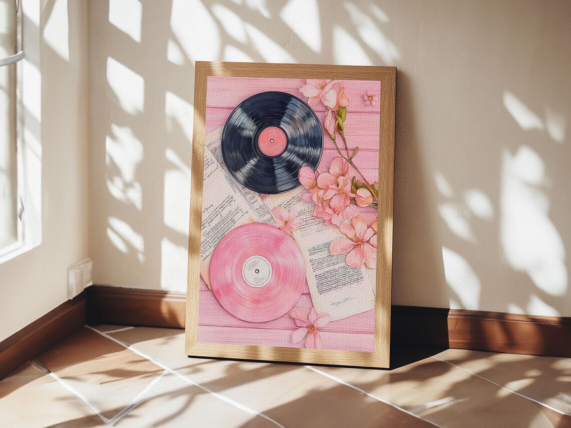 Vinyl Records with Pink Flowers Watercolor Print Retro Music Wall Poster - Image 3