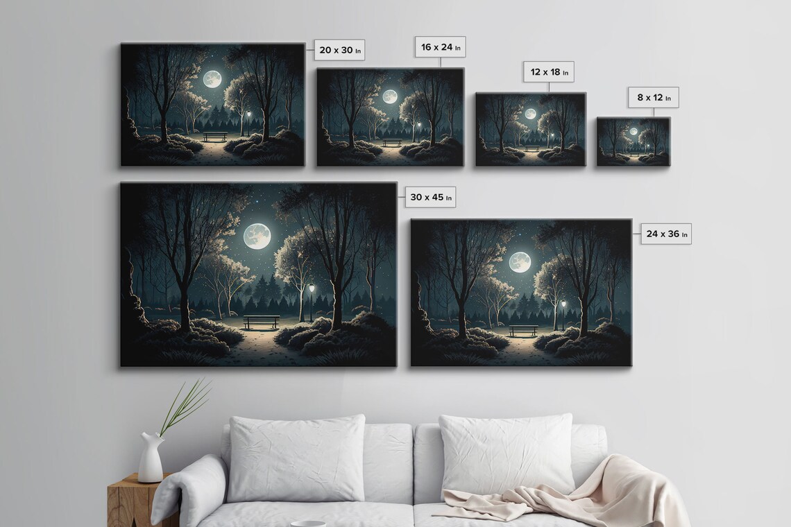 Snow Covered Park At Midnight, Full Moon Watercolor Art Print - Image 2