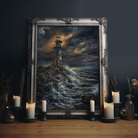 Eerie Lighthouse Castle Stormy Cliff Night Waves Horror Art Poster