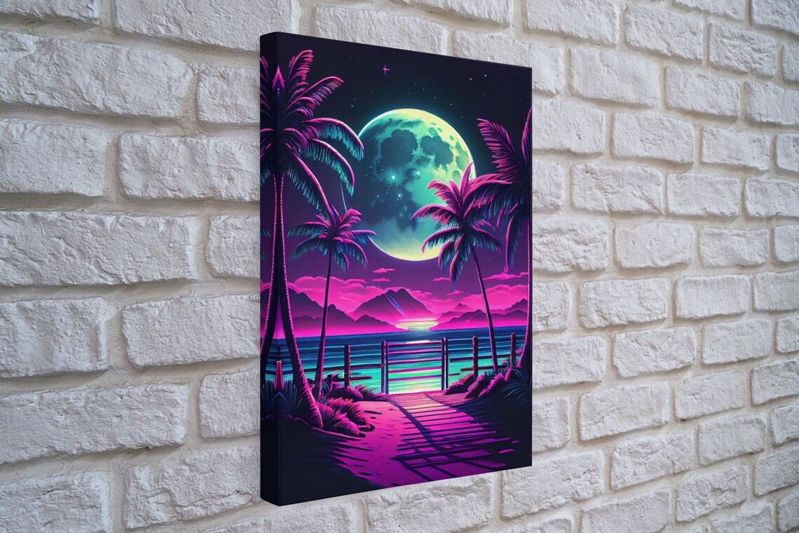Full Moon Over A Florida Beach, Palm Trees Outrun Style - Image 4