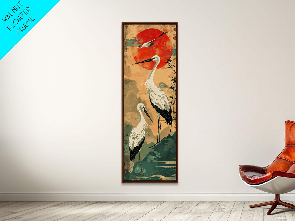 Tall Japanese Cranes Red Sun Ukiyo-E Nature Vertical Art Print - Image 3