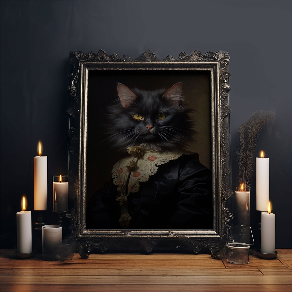 Victorian Black Cat Portrait Lace Dress Funny Halloween Wall Art Print - Image 5
