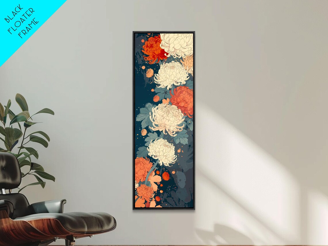 Blooming Chrysanthemums Rich Red Cream Dark Tall Floral Art Print - Image 4