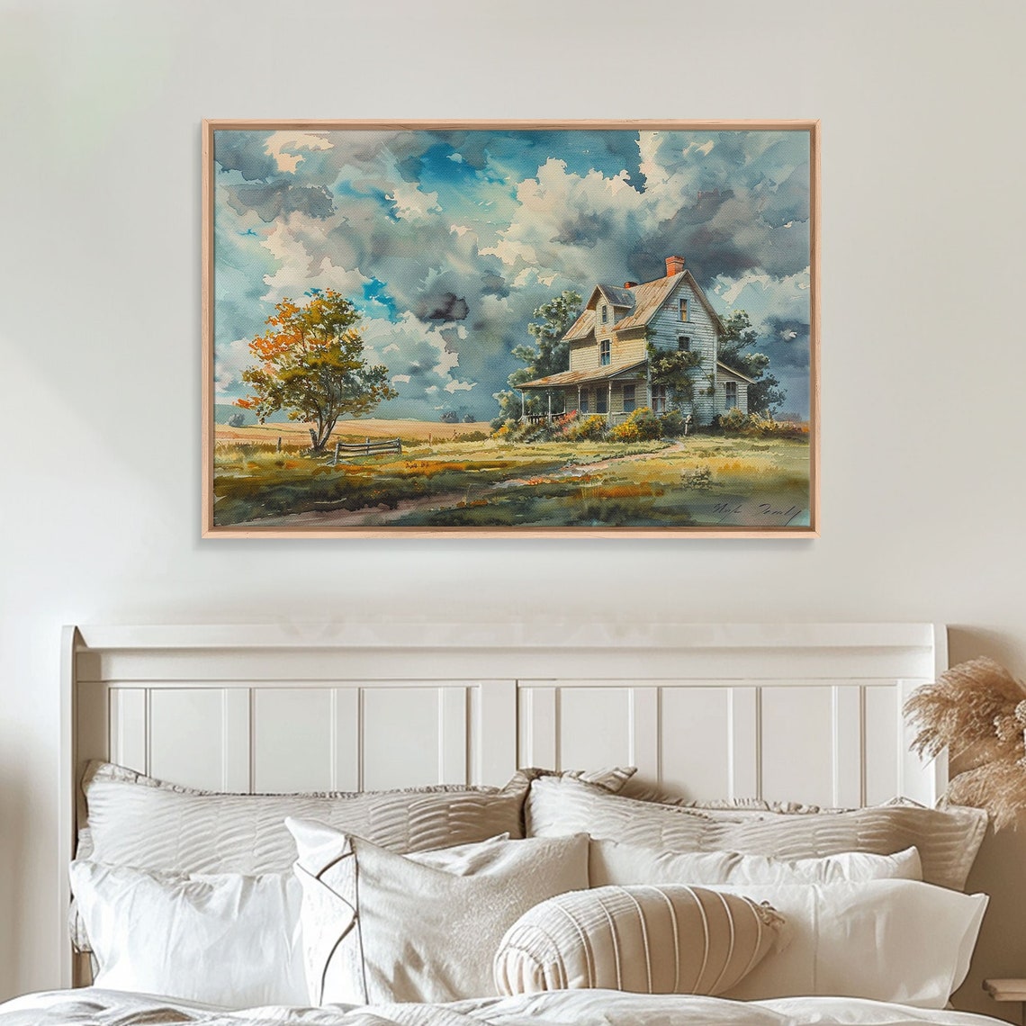 Farmhouse Under Dramatic Clouds Watercolor Autumn Tree Field Poster - Image 3