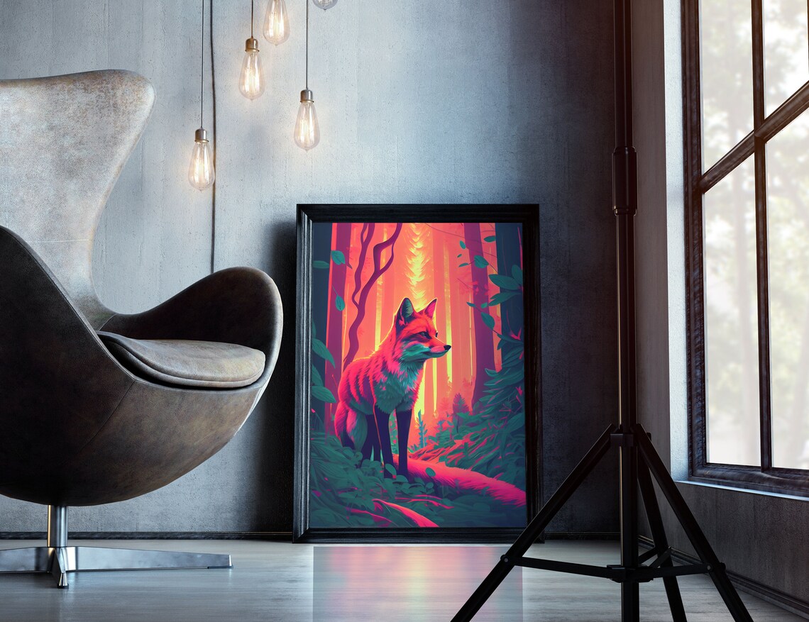 Fuchsia Fox in the Woods, Twilight Sunset Art Print