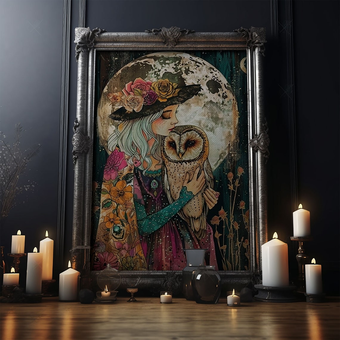 Witch Hugging Barn Owl Under Full Moon Floral Hat Illustration Poster - Image 5