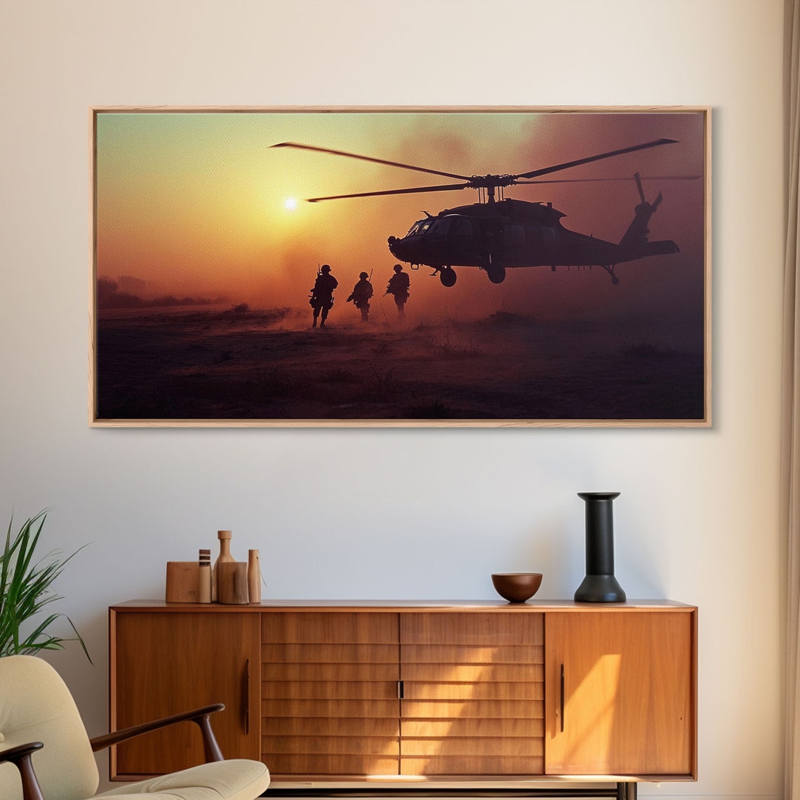 Blackhawk Helicopter Fire Team Insertion Sunset Dust Military Wall Art
