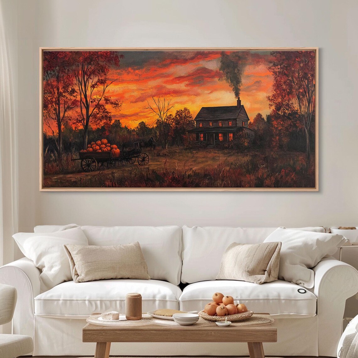 Autumn Sunset Pumpkins Horse Wagon Farmhouse Fiery Sky Rustic Fall Wall Art - Image 4