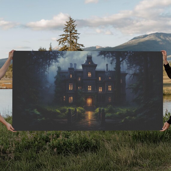 Haunted Victorian Mansion Night Glowing Windows Spooky House Poster