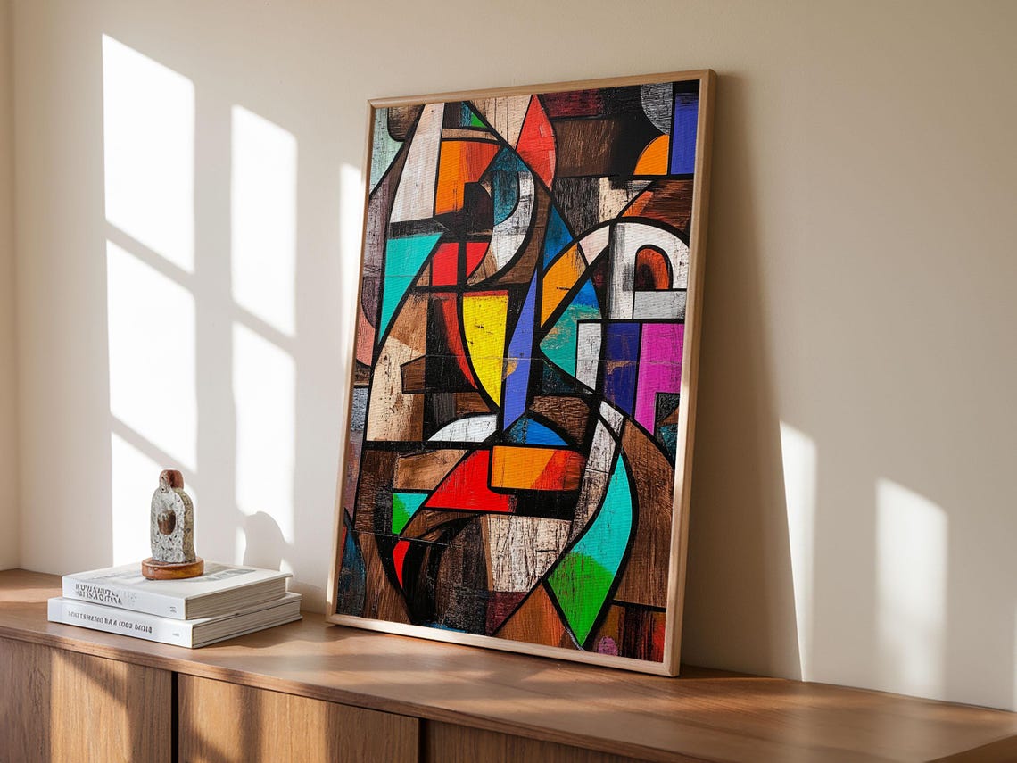 Geometric Framed Print With Stained Glass Effect Modern Wall Art Colorful Rustic Decor Gift Idea For Him Living Room Art - Image 4