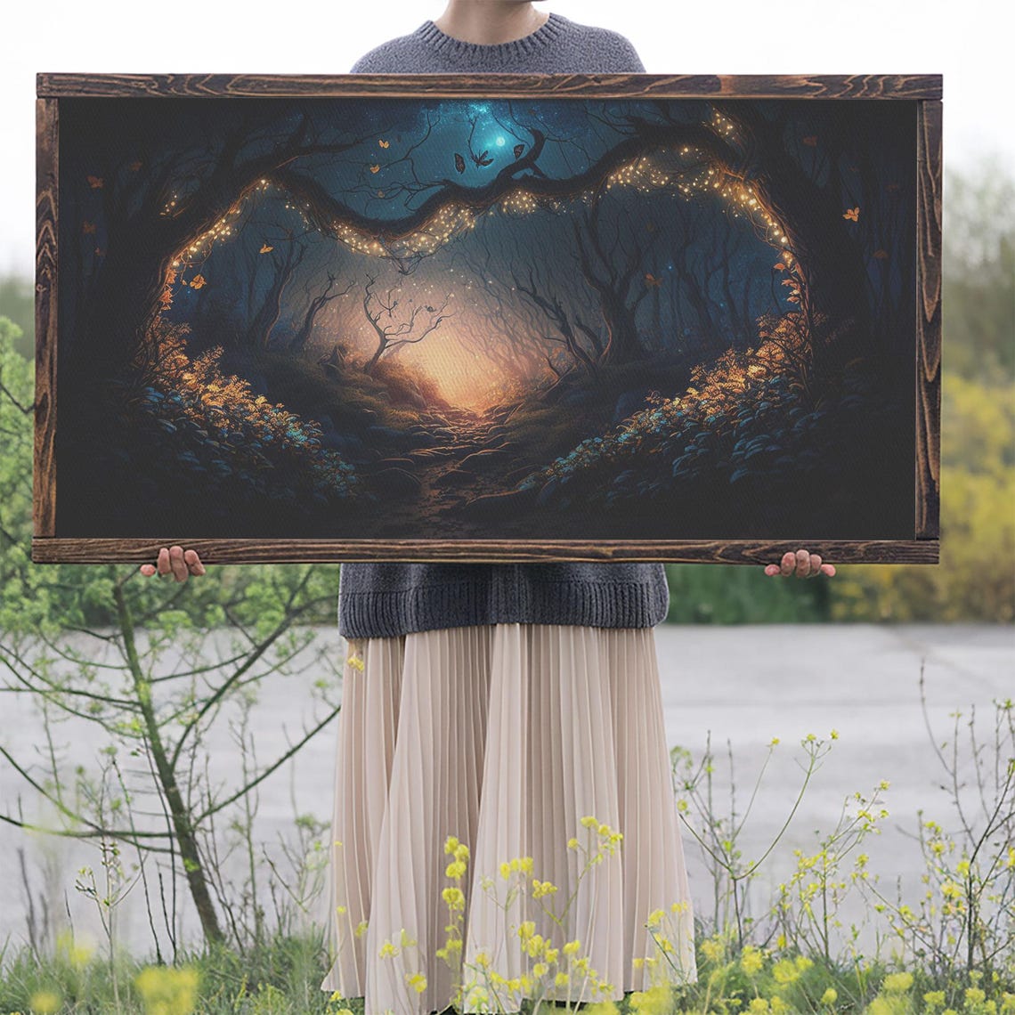 Moonlit Forest Glowing Firefly Tree Arches Misty Night Path Poster - Image 2