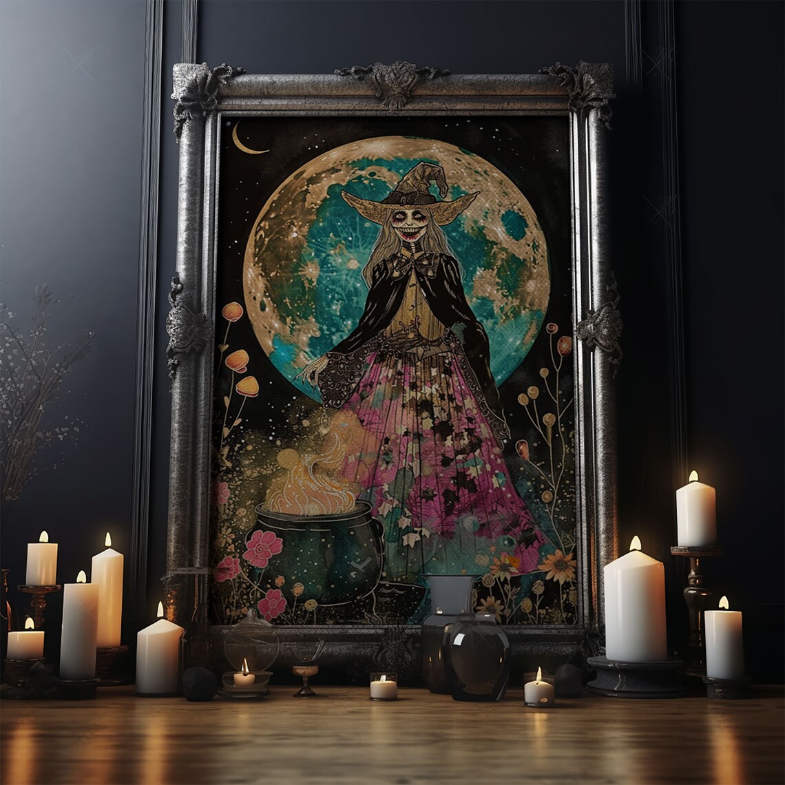 Spooky Witch With Cauldron Under Full Moon, Halloween Art - Image 5