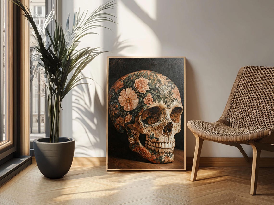Peach Floral Skull Botanical Gothic Dark Rustic Skull Wall Art Poster - Image 2