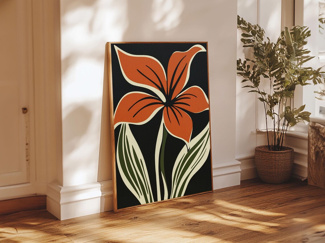 Orange Flower On Black Background, MCM Style Art Print - Image 4