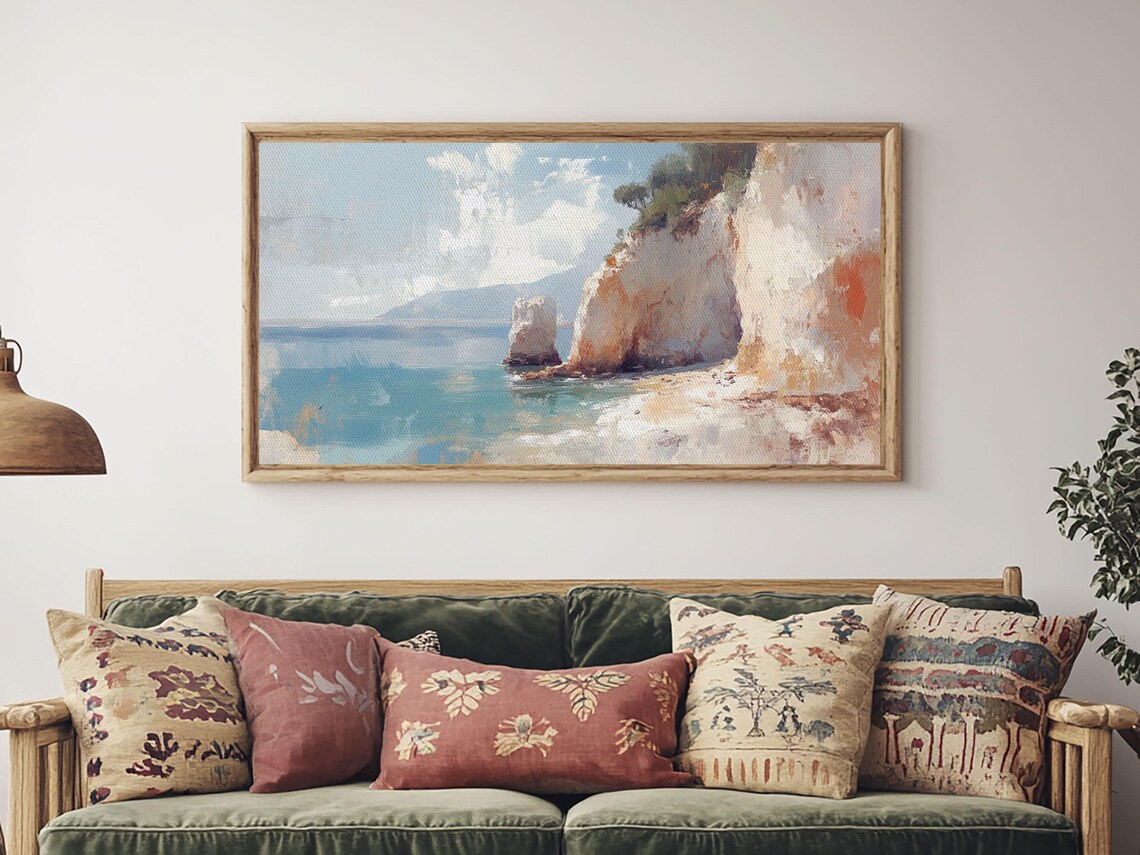 White Cliff Coastal Seascape Oil Painting Turquoise Water Beach Art Print - Image 2
